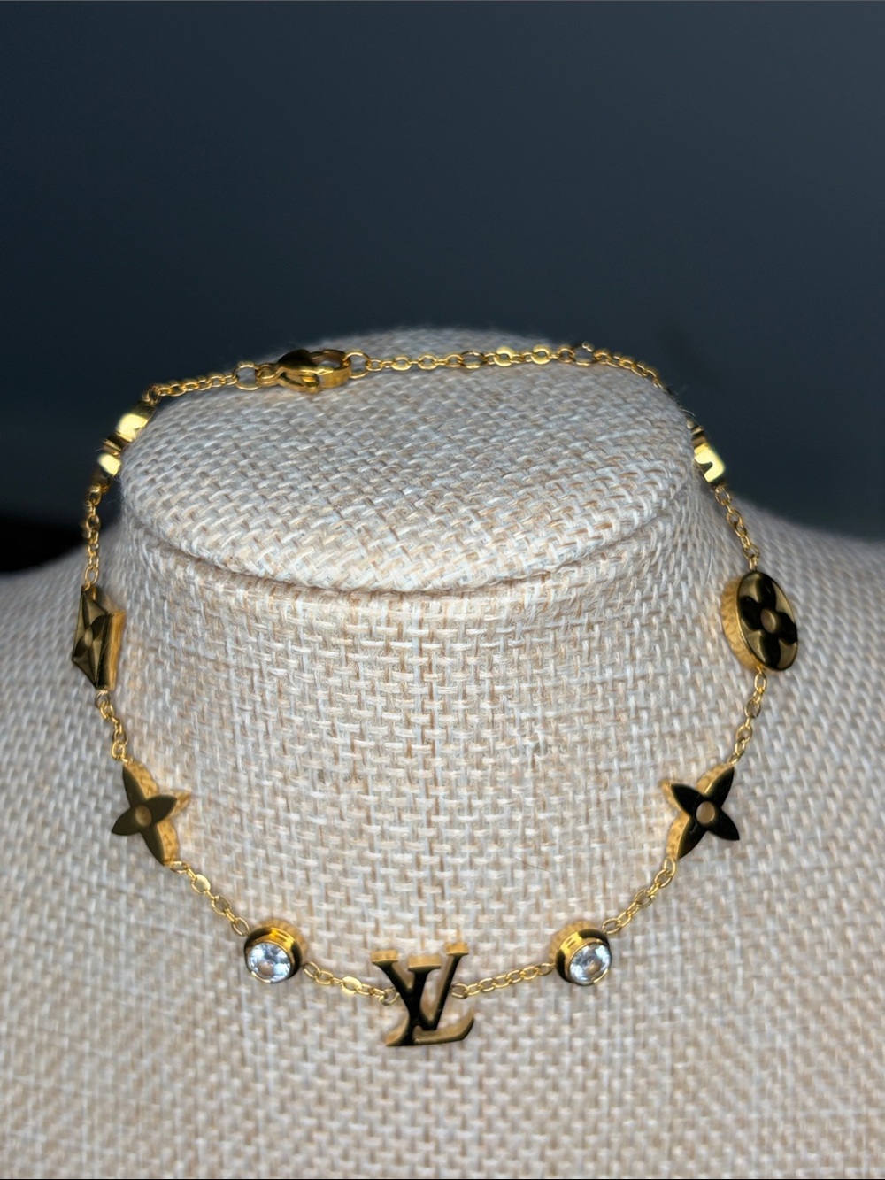 LV Golf-Tone Logo & Crystal Charm Bracelet Adjustable 7 in